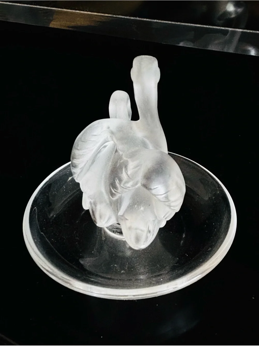 Signed Lalique Frosted Crystal Swan Pair Accent